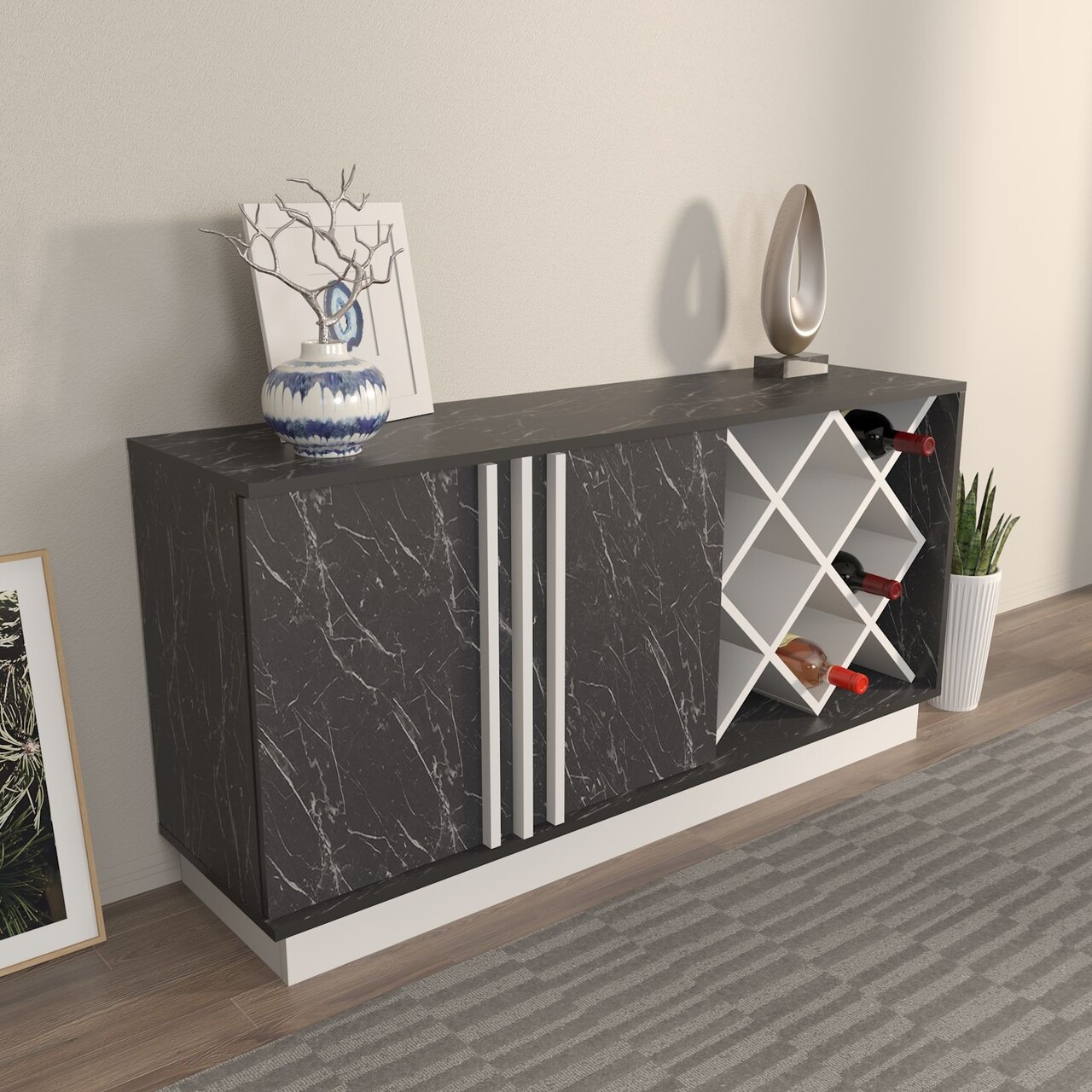 Bufet, Hanah Home, Luna, 148x70x40 cm, Alb/Negru - imagine 6